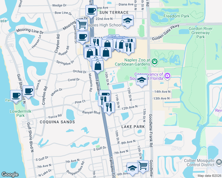 map of restaurants, bars, coffee shops, grocery stores, and more near 1377 11th Street North in Naples