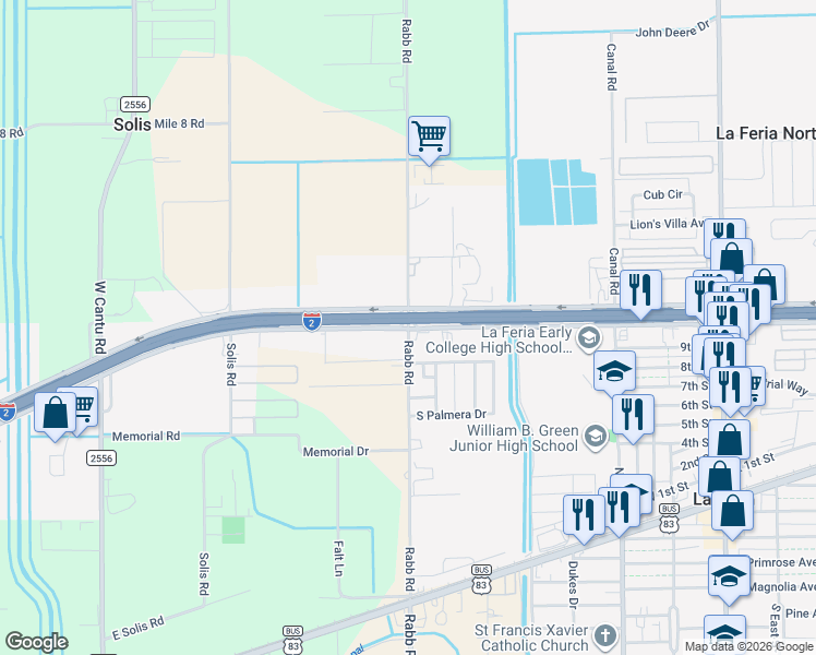 map of restaurants, bars, coffee shops, grocery stores, and more near 23132 Rabb Rd in La Feria