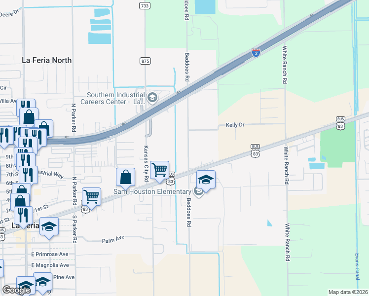 map of restaurants, bars, coffee shops, grocery stores, and more near 27224 Beddoes Rd in La Feria