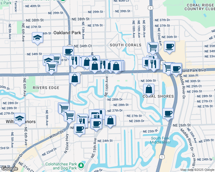 map of restaurants, bars, coffee shops, grocery stores, and more near 2970 Northeast 16th Avenue in Oakland Park