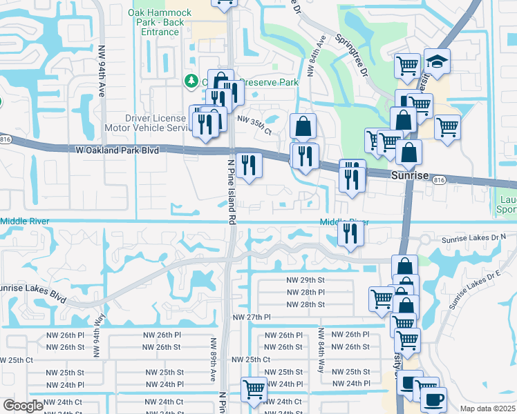 map of restaurants, bars, coffee shops, grocery stores, and more near 8590 Sunrise Lakes Boulevard in Sunrise