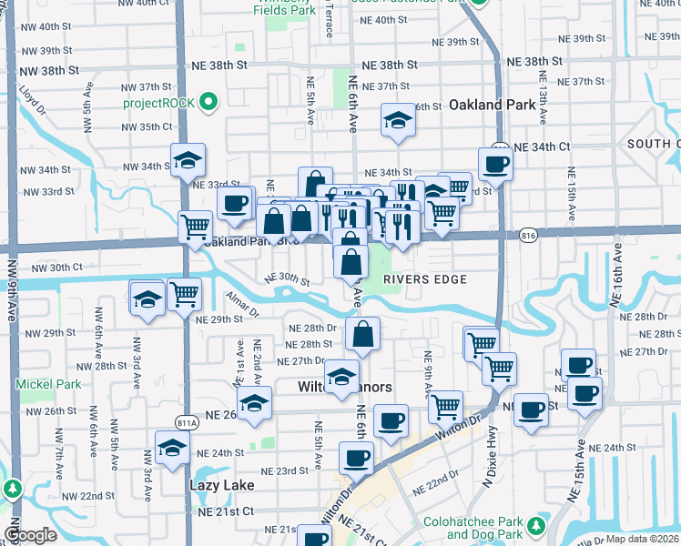 map of restaurants, bars, coffee shops, grocery stores, and more near 3004 Northeast 5th Terrace in Wilton Manors