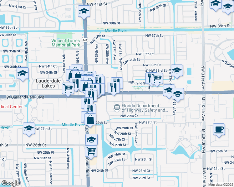 map of restaurants, bars, coffee shops, grocery stores, and more near 3730 W Oakland Park Blvd in Fort Lauderdale