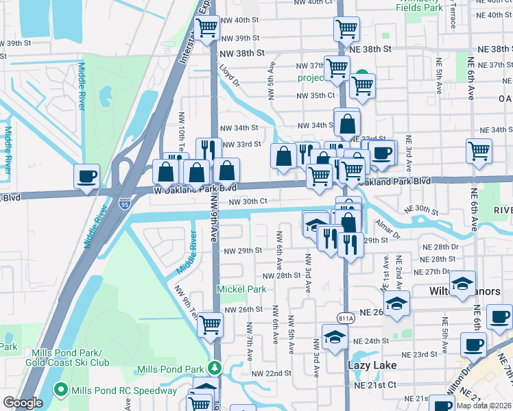 map of restaurants, bars, coffee shops, grocery stores, and more near 648 Northwest 30th Court in Wilton Manors