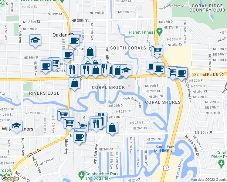 map of restaurants, bars, coffee shops, grocery stores, and more near 2970 Northeast 16th Avenue in Oakland Park