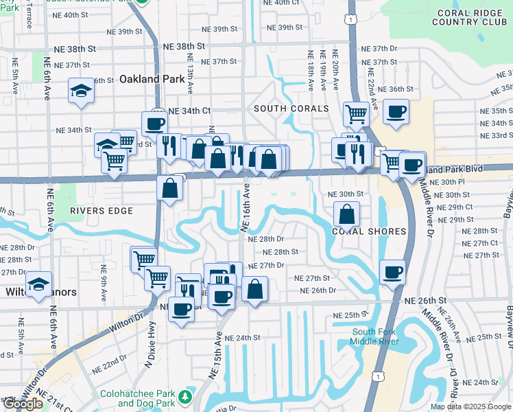 map of restaurants, bars, coffee shops, grocery stores, and more near 2970 Northeast 16th Avenue in Oakland Park