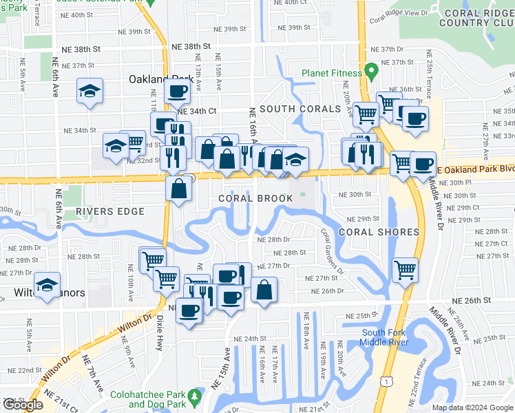 map of restaurants, bars, coffee shops, grocery stores, and more near 2970 Northeast 16th Avenue in Oakland Park