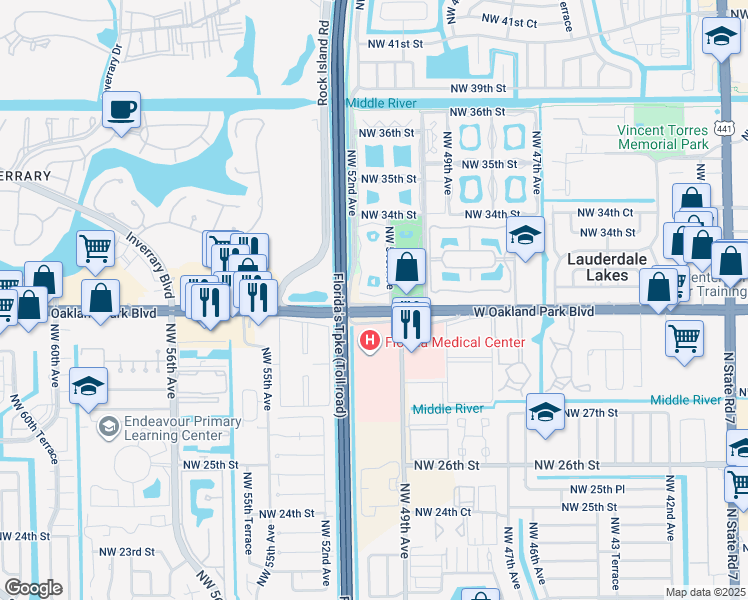 map of restaurants, bars, coffee shops, grocery stores, and more near 5111 West Oakland Park Boulevard in Lauderdale Lakes