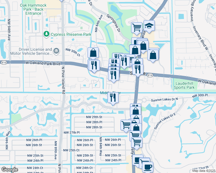 map of restaurants, bars, coffee shops, grocery stores, and more near 3244 Summerfield in Sunrise