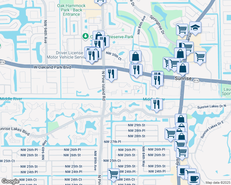 map of restaurants, bars, coffee shops, grocery stores, and more near 8590 Sunrise Lakes Boulevard in Sunrise