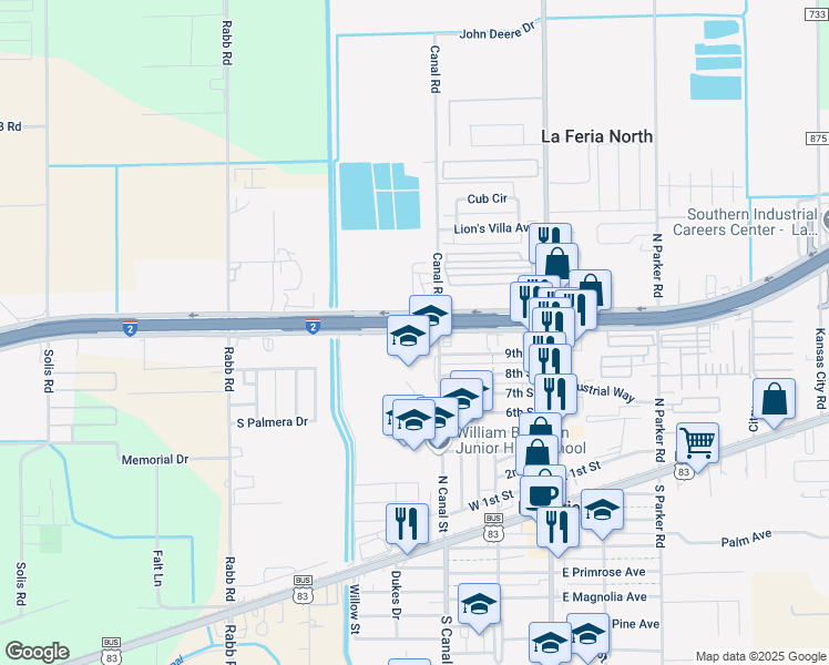 map of restaurants, bars, coffee shops, grocery stores, and more near 800 West Expressway 83 in La Feria