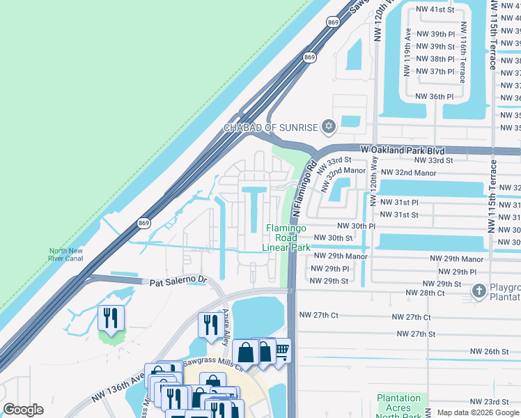 map of restaurants, bars, coffee shops, grocery stores, and more near 3230 Northwest 125th Way in Sunrise