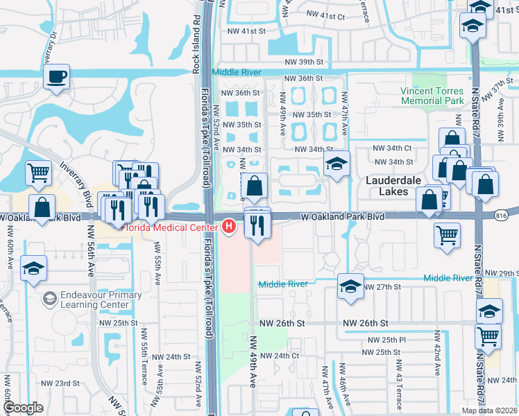 map of restaurants, bars, coffee shops, grocery stores, and more near 4850 West Oakland Park Boulevard in Lauderdale Lakes