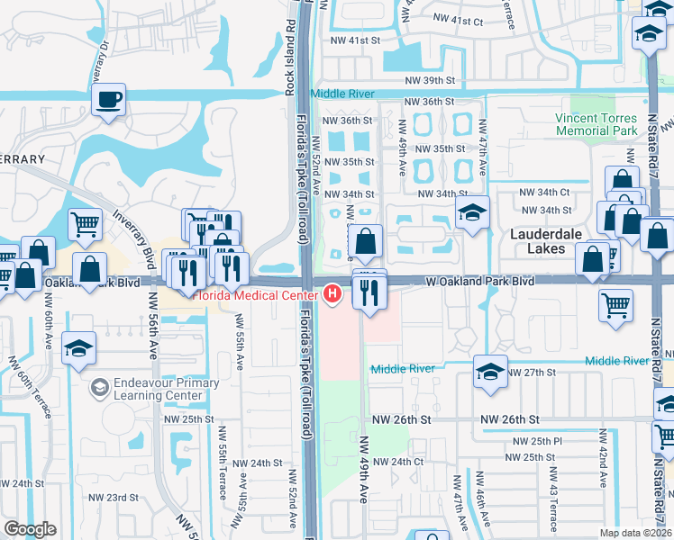 map of restaurants, bars, coffee shops, grocery stores, and more near 5111 West Oakland Park Boulevard in Lauderdale Lakes