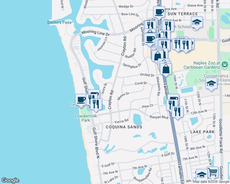 map of restaurants, bars, coffee shops, grocery stores, and more near 1507 Murex Drive in Naples
