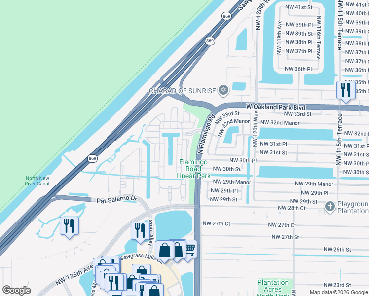 map of restaurants, bars, coffee shops, grocery stores, and more near 3291 Northwest 125th Way in Sunrise