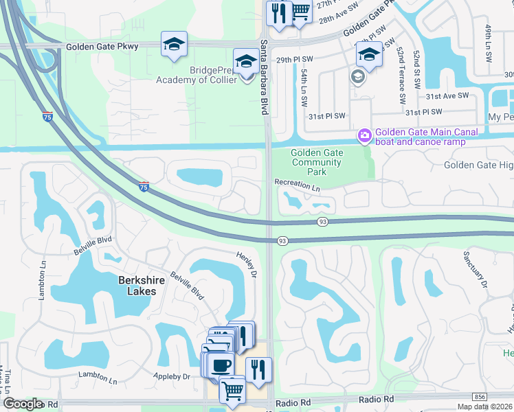 map of restaurants, bars, coffee shops, grocery stores, and more near 1203 Derbyshire Court in Naples