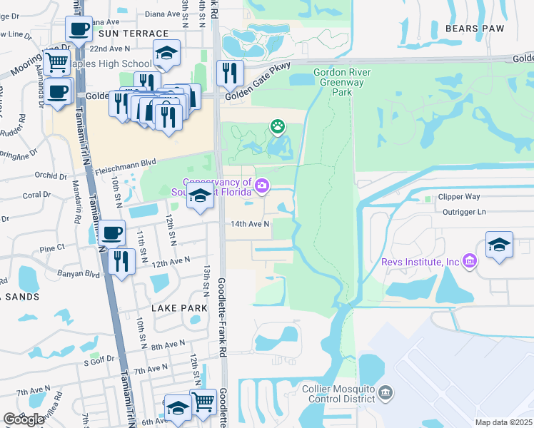 map of restaurants, bars, coffee shops, grocery stores, and more near 1450 Merrihue Drive in Naples
