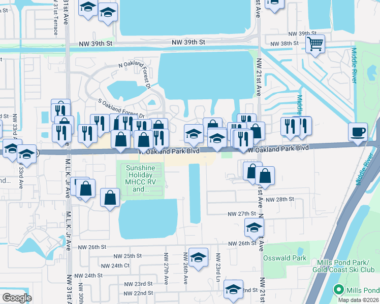 map of restaurants, bars, coffee shops, grocery stores, and more near 2499 Northwest 31st Court in Oakland Park