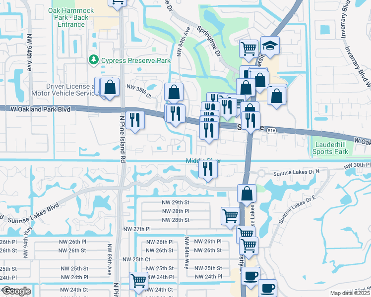 map of restaurants, bars, coffee shops, grocery stores, and more near 3168 Northwest 84th Avenue in Sunrise