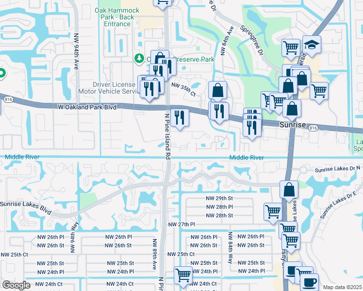 map of restaurants, bars, coffee shops, grocery stores, and more near 3158 Northwest 88th Avenue in Sunrise