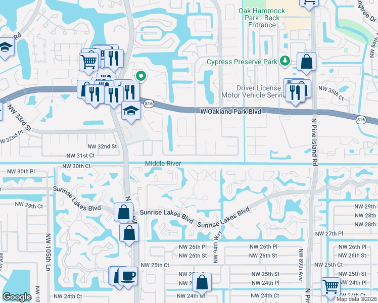 map of restaurants, bars, coffee shops, grocery stores, and more near 9531 Northwest 32nd Court in Sunrise