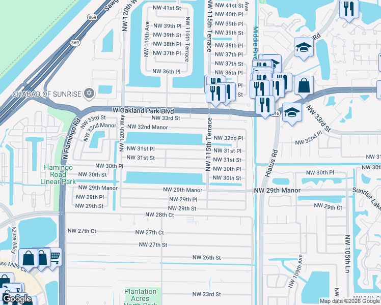 map of restaurants, bars, coffee shops, grocery stores, and more near 11661 Northwest 31st Place in Sunrise