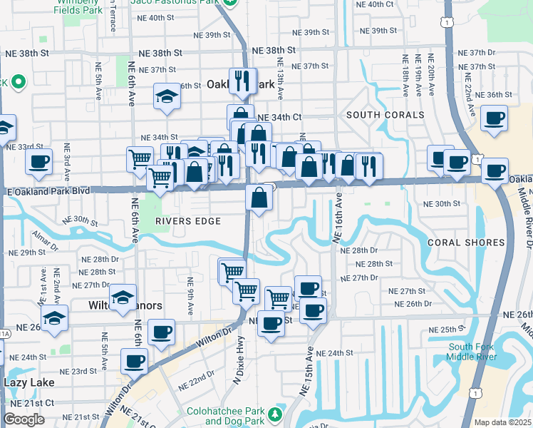 map of restaurants, bars, coffee shops, grocery stores, and more near 3075-3085 Northeast 13th Avenue in Oakland Park