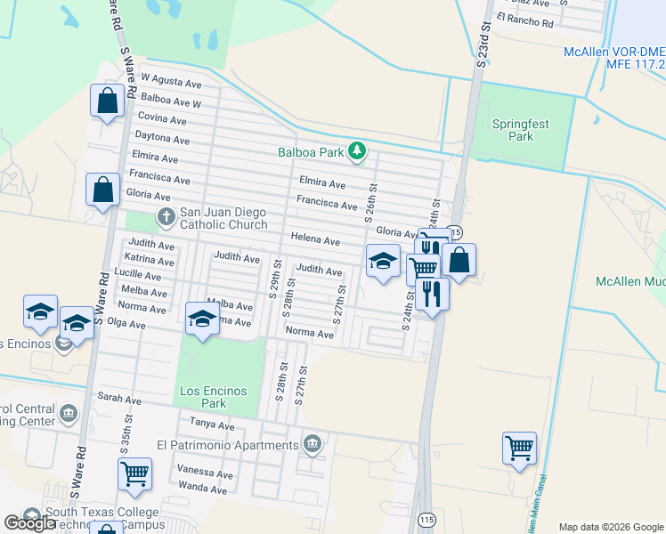 map of restaurants, bars, coffee shops, grocery stores, and more near 2701 Helena Avenue in McAllen