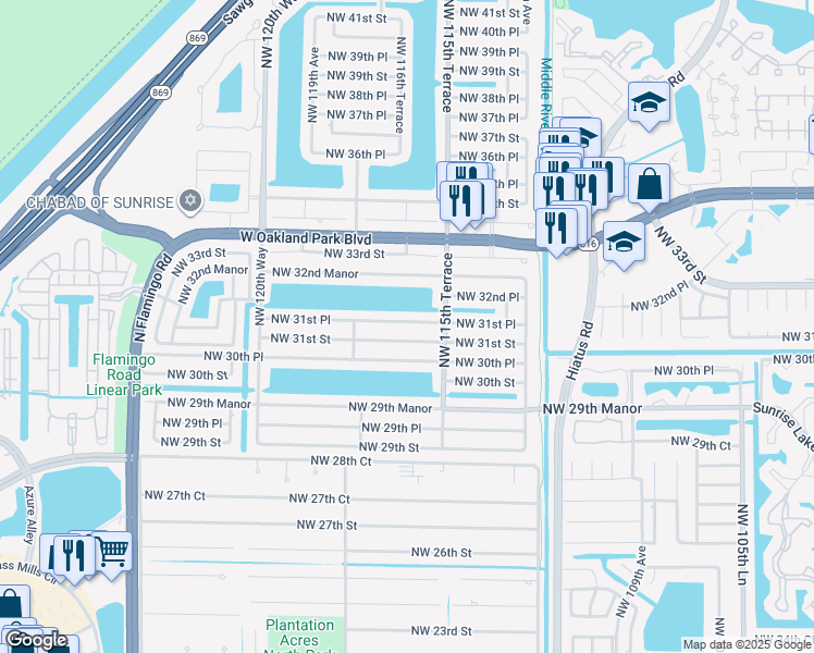 map of restaurants, bars, coffee shops, grocery stores, and more near 11661 Northwest 31st Place in Sunrise
