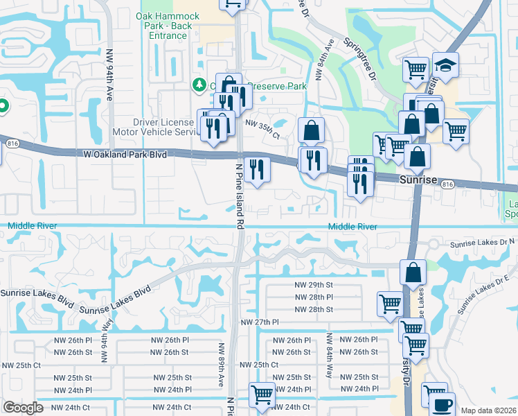 map of restaurants, bars, coffee shops, grocery stores, and more near 3100 Northwest 88th Avenue in Sunrise