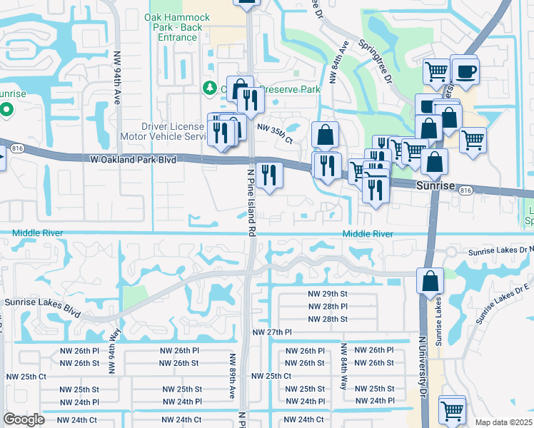 map of restaurants, bars, coffee shops, grocery stores, and more near 3100 Northwest 88th Avenue in Sunrise