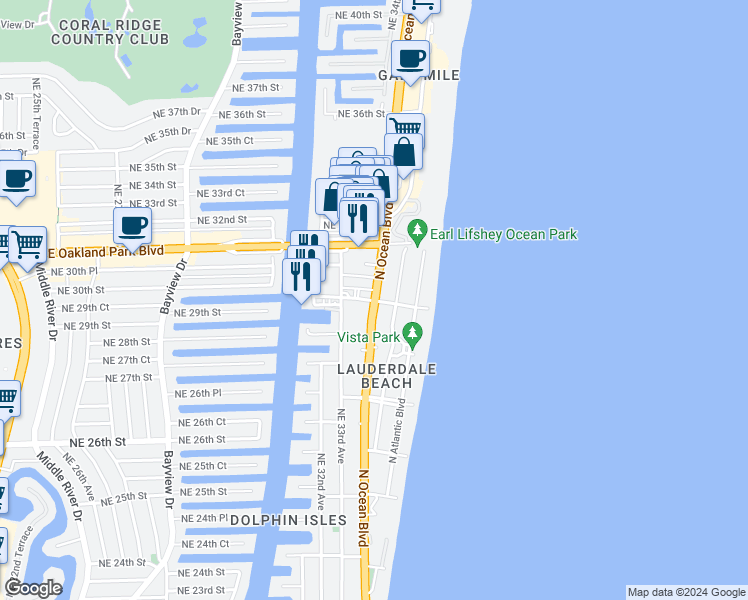 map of restaurants, bars, coffee shops, grocery stores, and more near 3015 North Ocean Boulevard in Fort Lauderdale