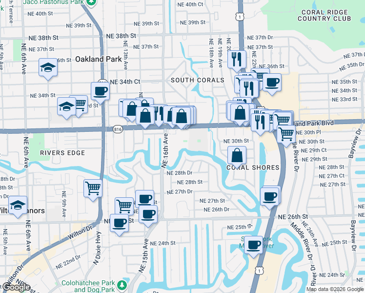 map of restaurants, bars, coffee shops, grocery stores, and more near 1750 East Oakland Park Boulevard in Oakland Park