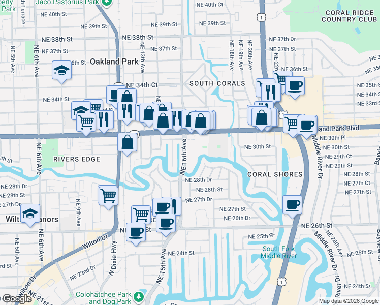 map of restaurants, bars, coffee shops, grocery stores, and more near 3040 Northeast 16th Avenue in Oakland Park