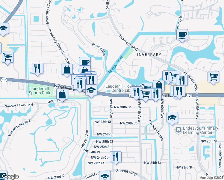 map of restaurants, bars, coffee shops, grocery stores, and more near 6701-6950 Landings Drive in Lauderhill