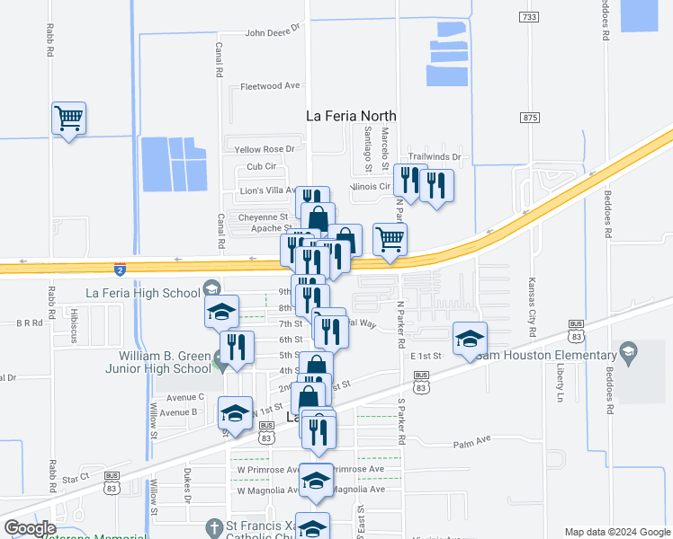 map of restaurants, bars, coffee shops, grocery stores, and more near U.S. 83 Frontage Rd N in La Feria
