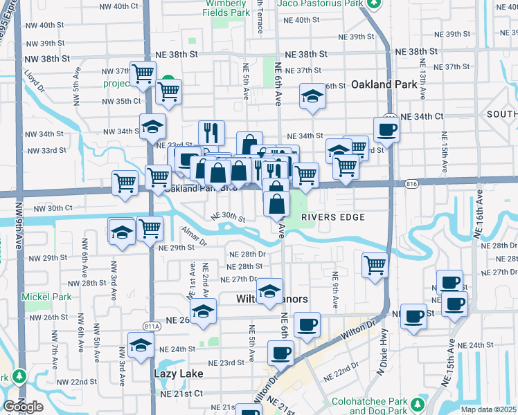 map of restaurants, bars, coffee shops, grocery stores, and more near 3072 Northeast 5th Avenue in Wilton Manors