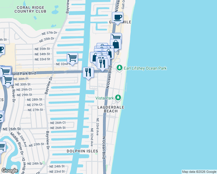 map of restaurants, bars, coffee shops, grocery stores, and more near 3025 Center Avenue in Fort Lauderdale