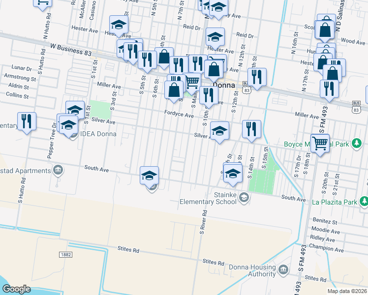 map of restaurants, bars, coffee shops, grocery stores, and more near 407 South Main Street in Donna