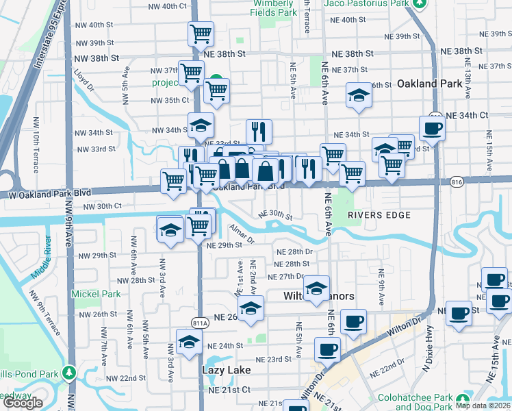 map of restaurants, bars, coffee shops, grocery stores, and more near 201 Northeast 30th Court in Wilton Manors