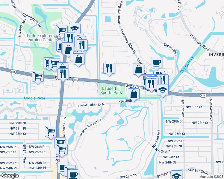 map of restaurants, bars, coffee shops, grocery stores, and more near 7500 West Oakland Park Boulevard in Tamarac