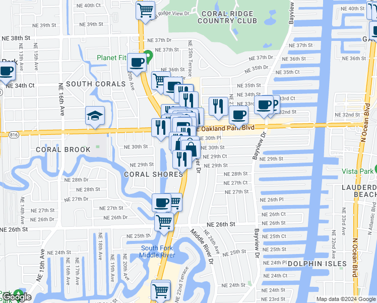 map of restaurants, bars, coffee shops, grocery stores, and more near 3000 North Federal Highway in Fort Lauderdale