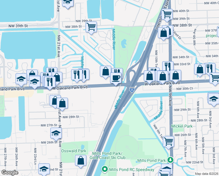 map of restaurants, bars, coffee shops, grocery stores, and more near 1506 West Oakland Park Boulevard in Oakland Park