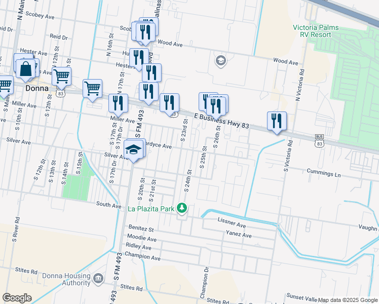 map of restaurants, bars, coffee shops, grocery stores, and more near 209 Center Drive in Donna