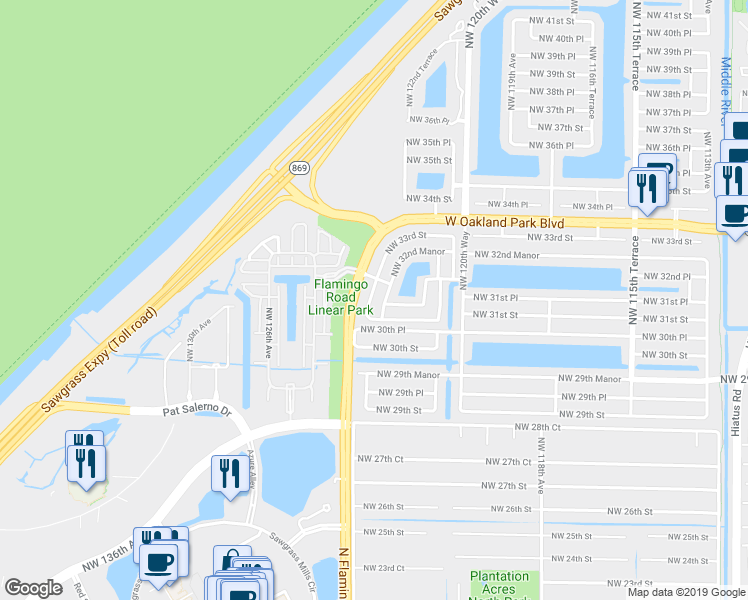 map of restaurants, bars, coffee shops, grocery stores, and more near 3102 Northwest 123rd Terrace in Sunrise