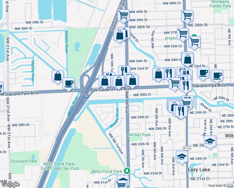 map of restaurants, bars, coffee shops, grocery stores, and more near 900 West Oakland Park Boulevard in Fort Lauderdale