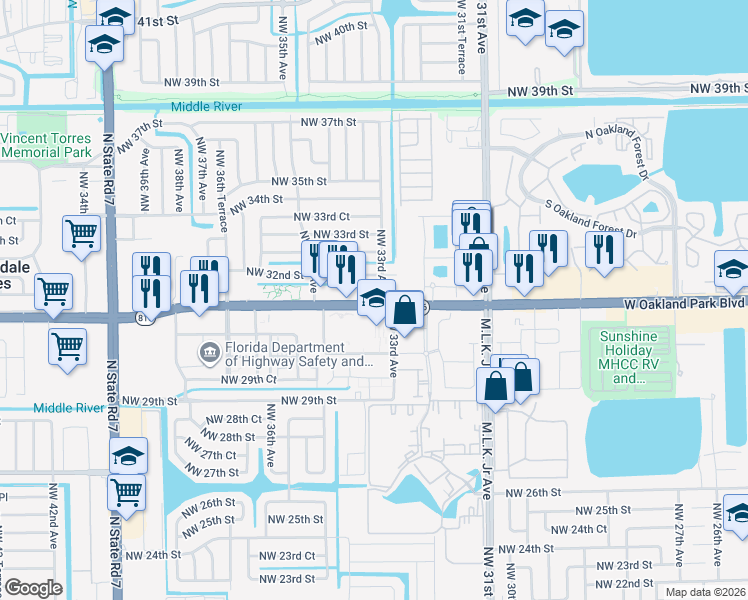 map of restaurants, bars, coffee shops, grocery stores, and more near 3298 Northwest 32nd Street in Lauderdale Lakes