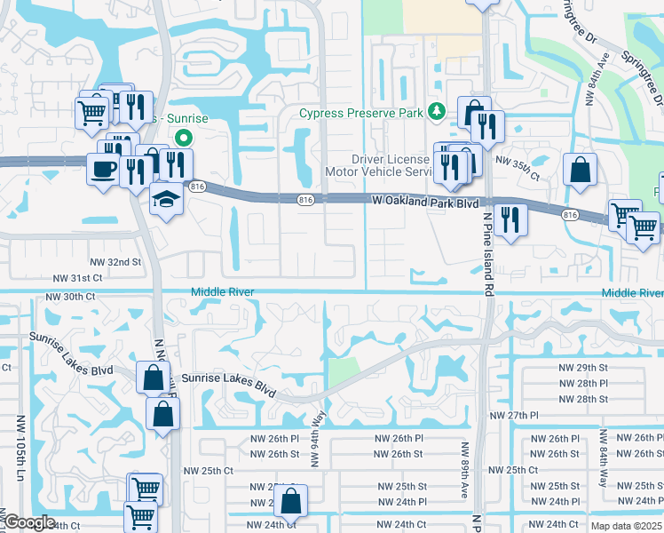 map of restaurants, bars, coffee shops, grocery stores, and more near 9341 Northwest 32nd Street in Sunrise