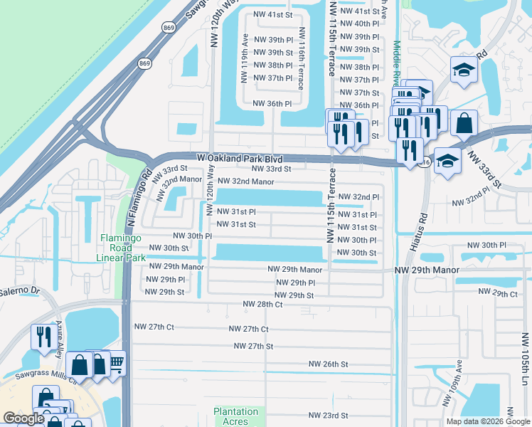 map of restaurants, bars, coffee shops, grocery stores, and more near 11761 Northwest 31st Place in Sunrise